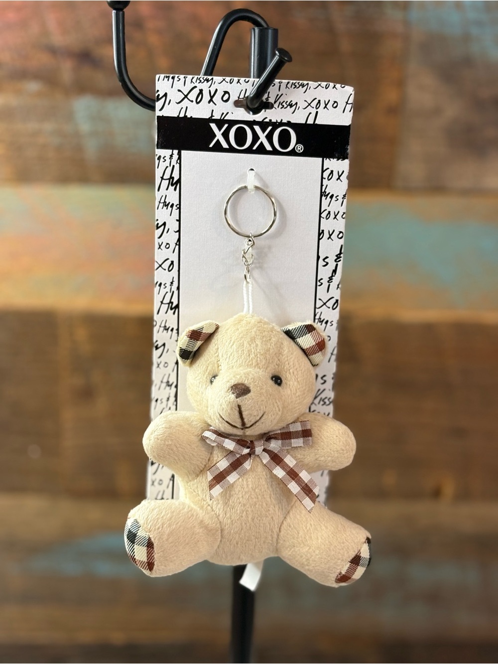 XOXO Beige Plush Bear Keychain with Plaid Accents